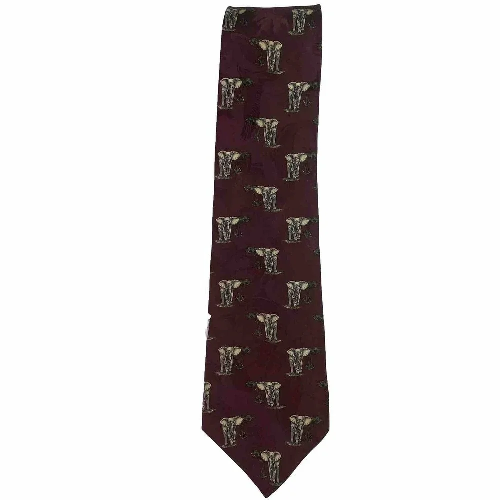 Endangered Species Men's Necktie Elephant‎ Tie 100% Silk 1990s VTG USA Burgundy